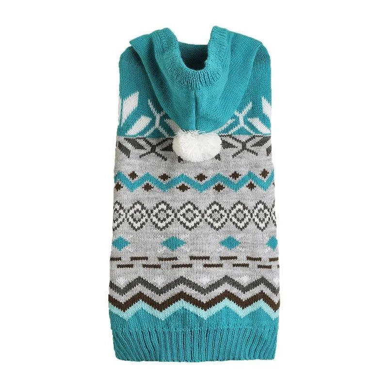 Green diamond pattern pet sweater on small dog showing acrylic knit fabric and sizing fit