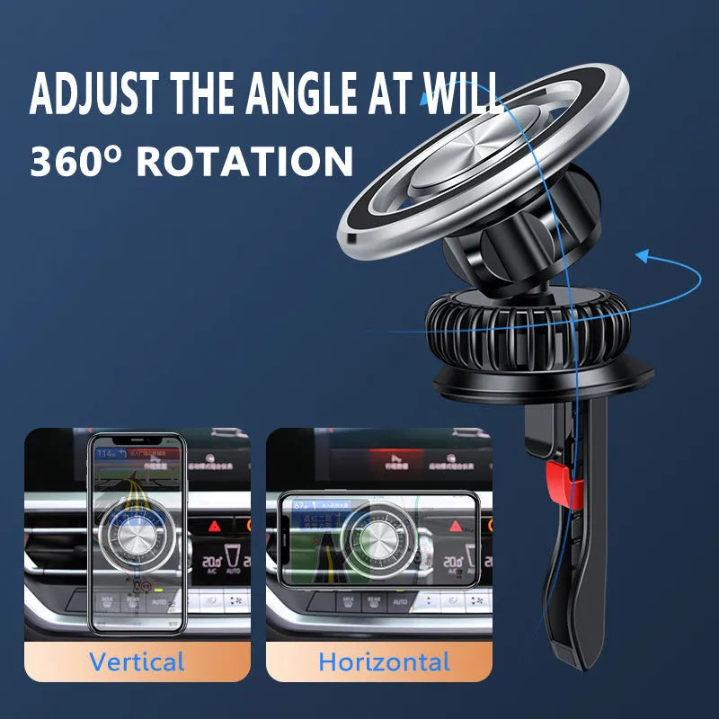 Black car air vent magnetic phone bracket attached to dashboard vent with smartphone mounted