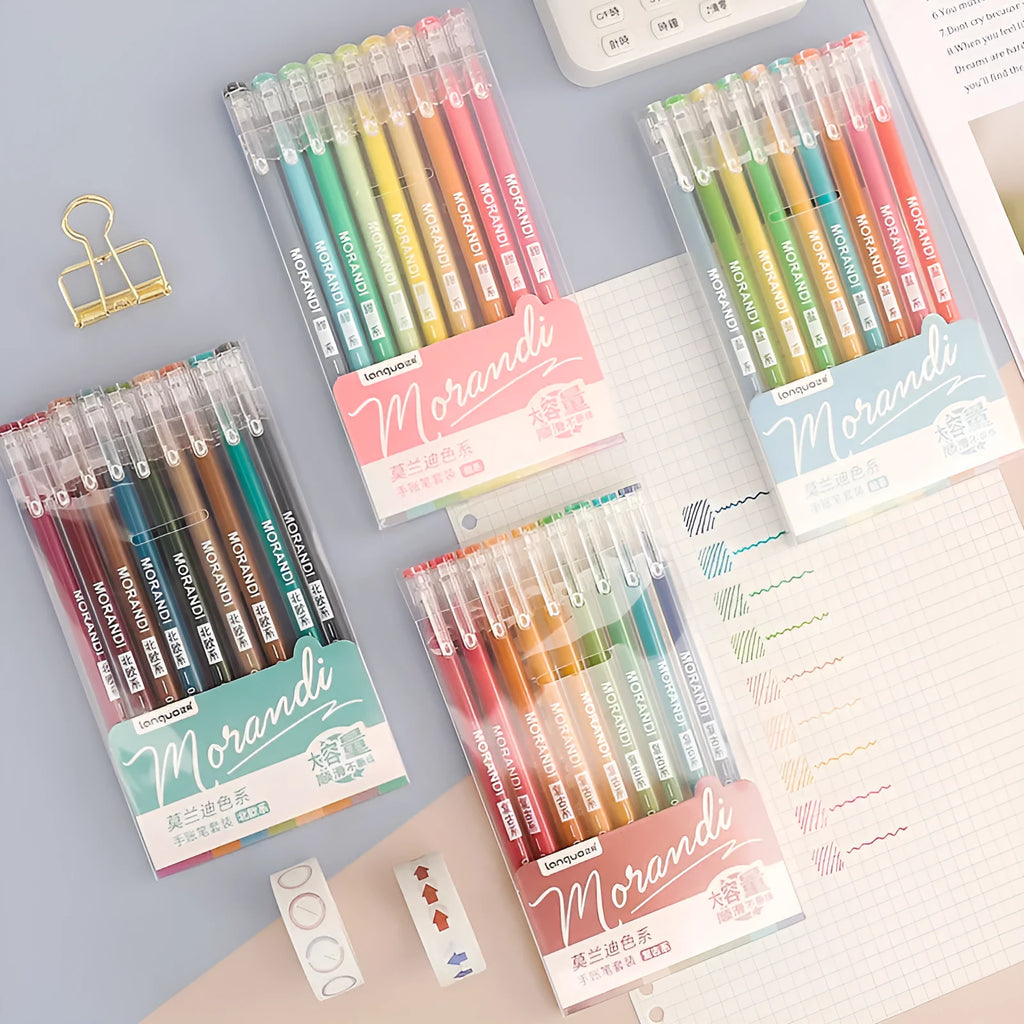 Set of nine retro-style gel pens with 0.5mm needle tips in plastic bodies arranged by colour series