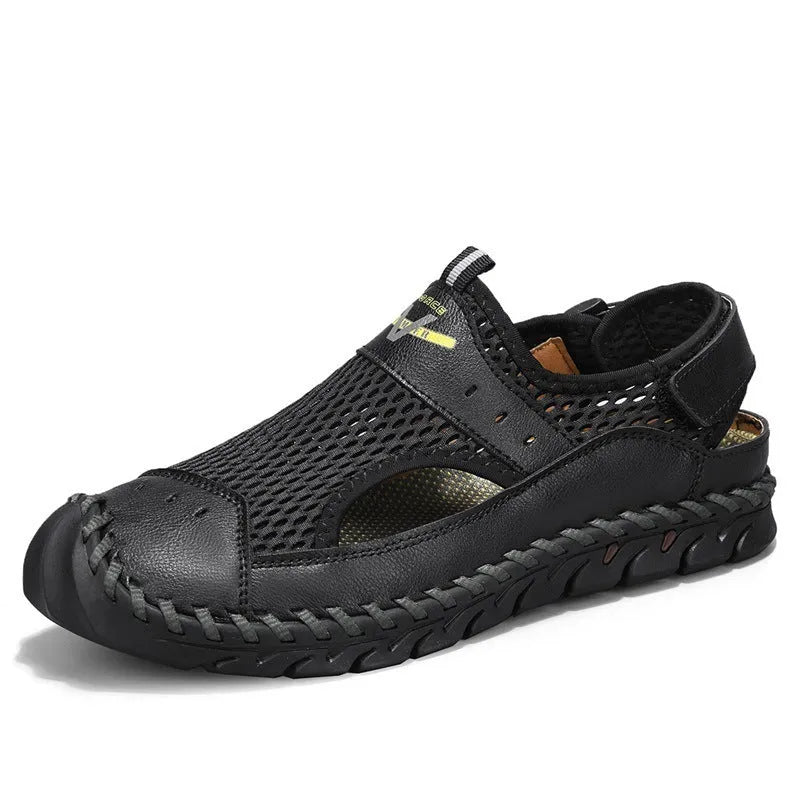 Men's brown breathable mesh casual shoes with genuine leather upper and elastic band