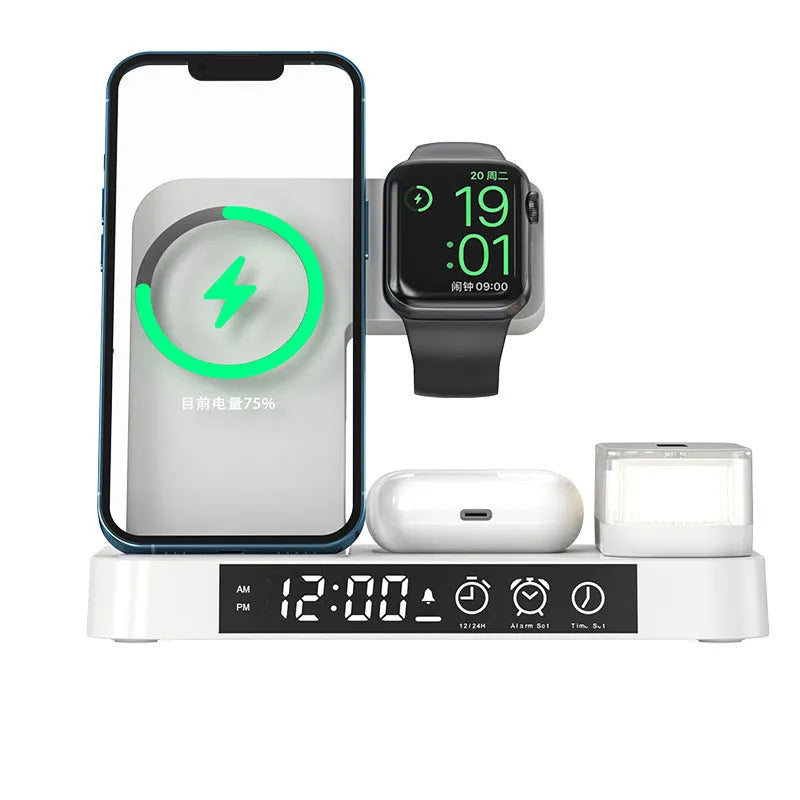 White 4-in-1 wireless charging station with foldable design showing phone charging, alarm clock display, and RGB night light