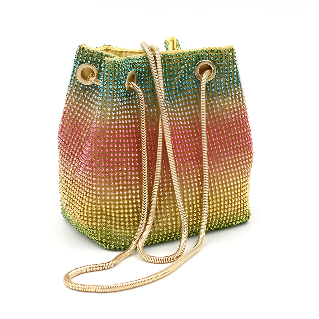 Rhinestone bucket bag with diamond studded design and rainbow chain strap