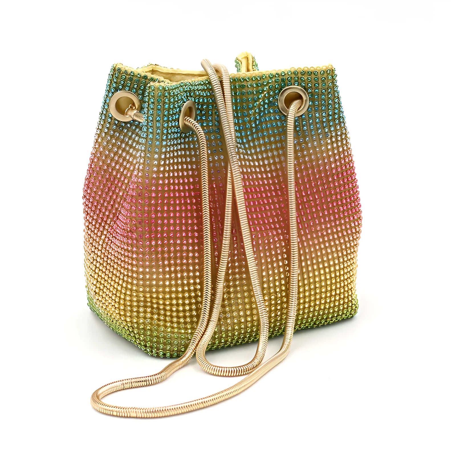 Rhinestone bucket bag with diamond studded design and rainbow chain strap