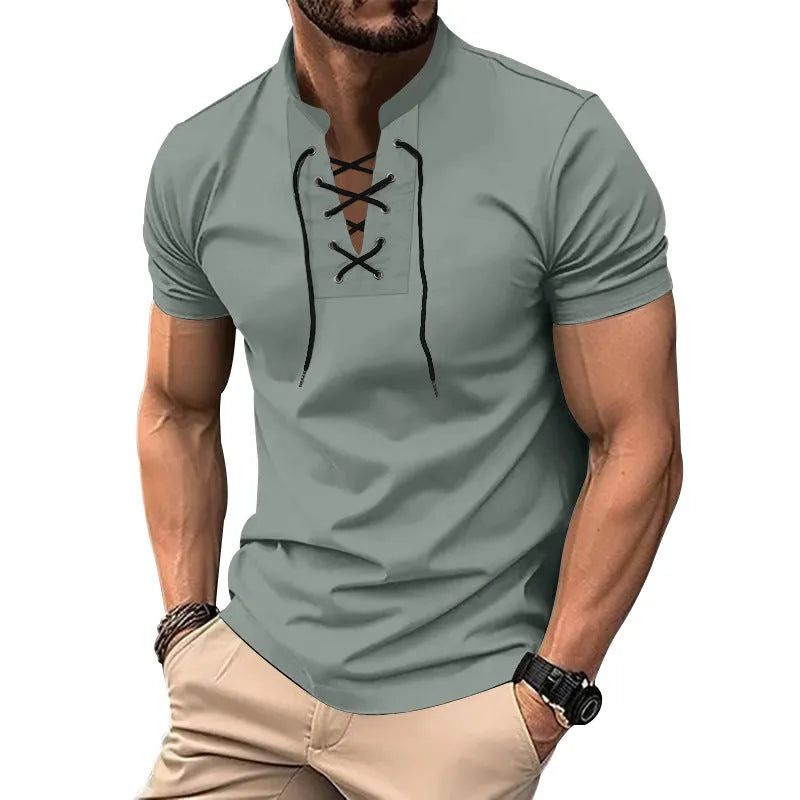 Men's loose fit V-neck V-tie short sleeve polyester T-shirt in solid colour, front view