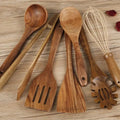 Seven-piece wooden cooking utensil set with spoons and spatulas for non-stick pans