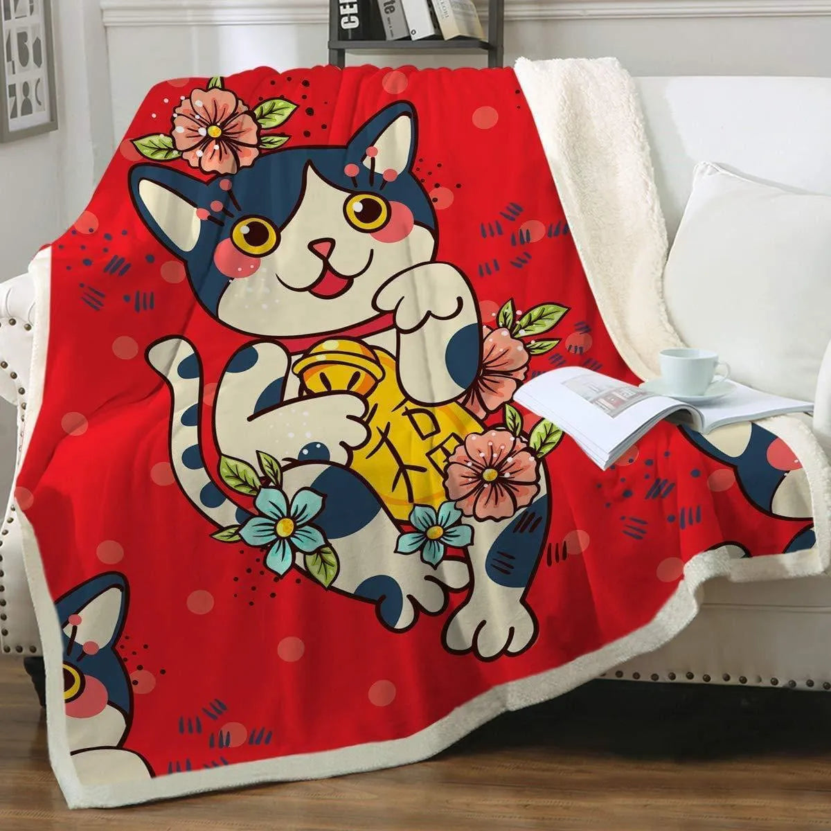 Cat sherpa blanket with animal pattern printing double layer children polyester fibre throw in multiple colours and sizes