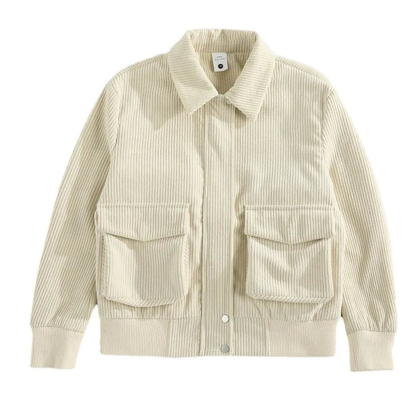 Men's corduroy coat in loose fit with drawstring sleeves, available in green, black, apricot or blue, sizes M to 3XL