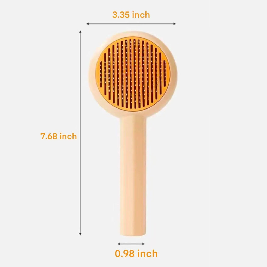 Blue and yellow pet grooming brush with angled bristles and self-cleaning button