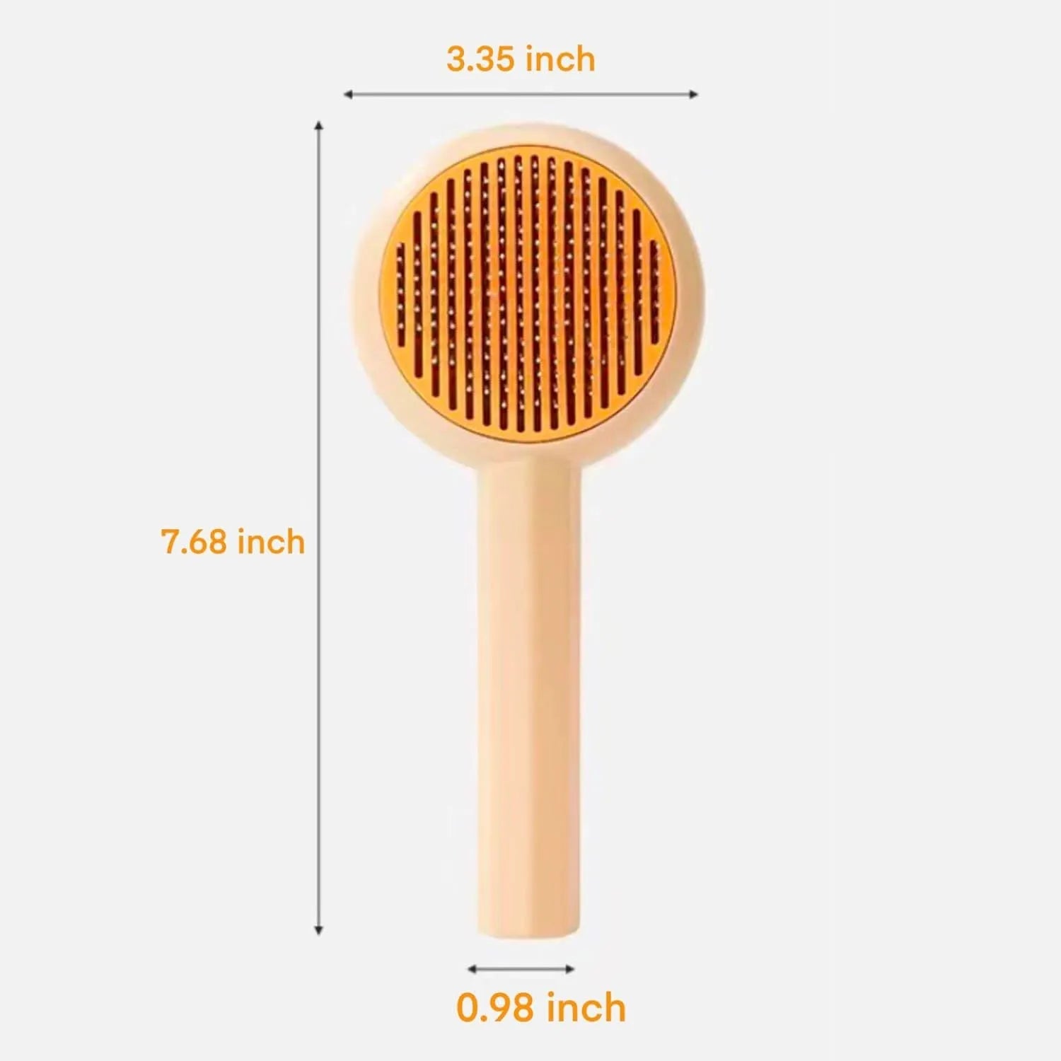 Blue and yellow pet grooming brush with angled bristles and self-cleaning button