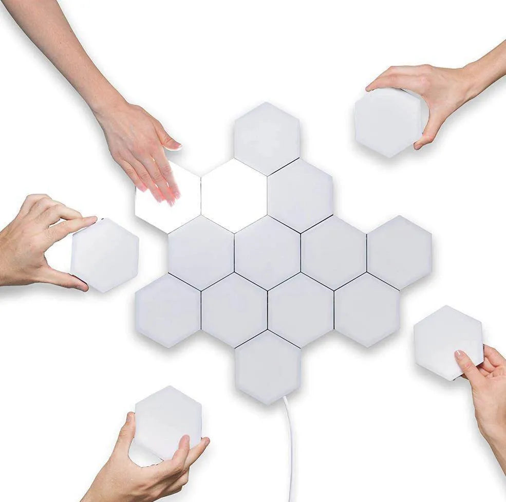 Modular hexagonal honeycomb wall lamps assembled in a pattern, showing touch control and modern minimalist design.