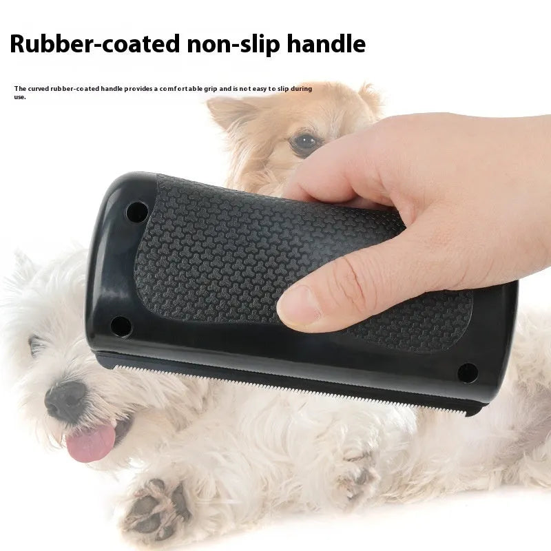 Black PP pet hair removal comb for dogs, 68x146mm, on a light background
