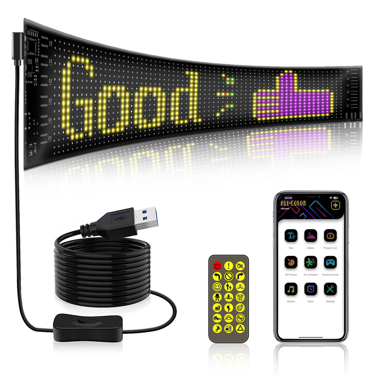 Black flexible LED car advertising screen with USB power and RGB magic colour, PU FPCB soft panel