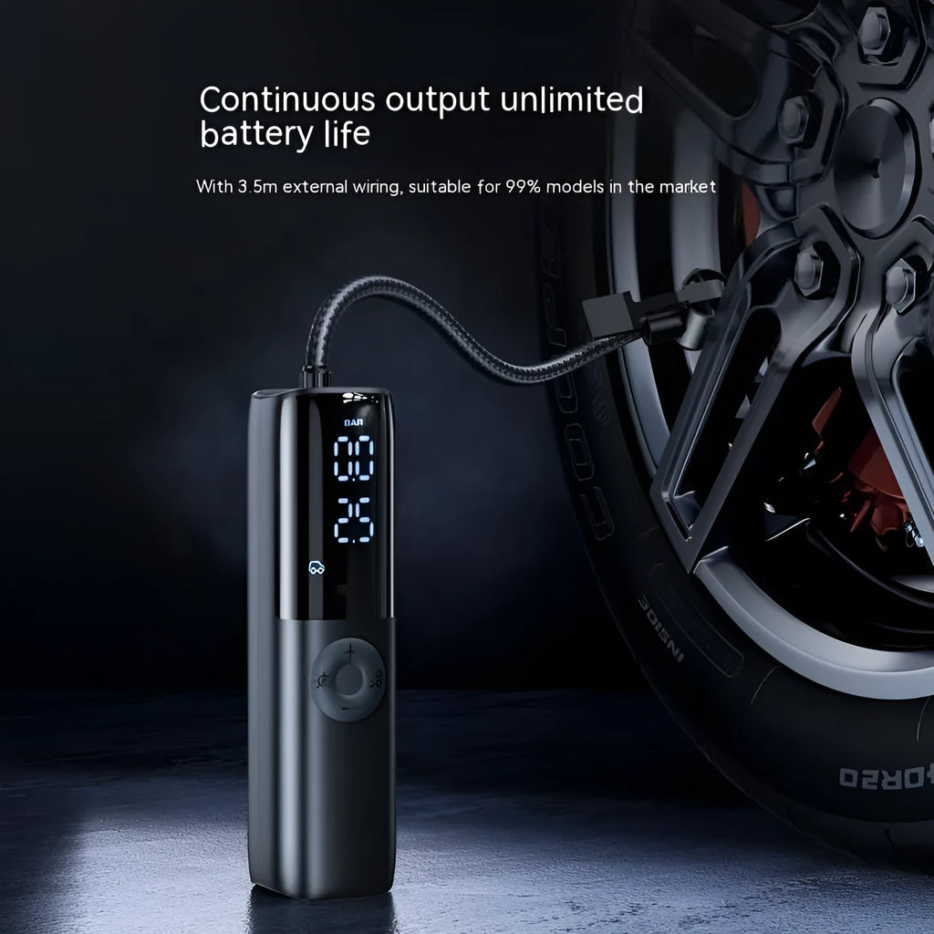 Black portable electric vehicle air pump with built-in tyre pressure gauge