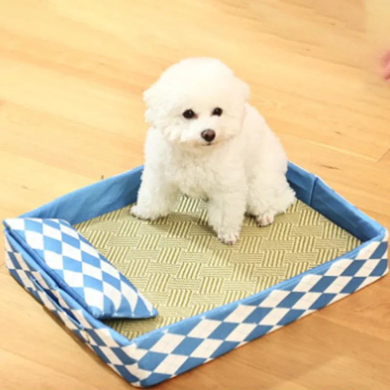 Rattan woven cat litter mat serving as cooling bed in blue, size options shown