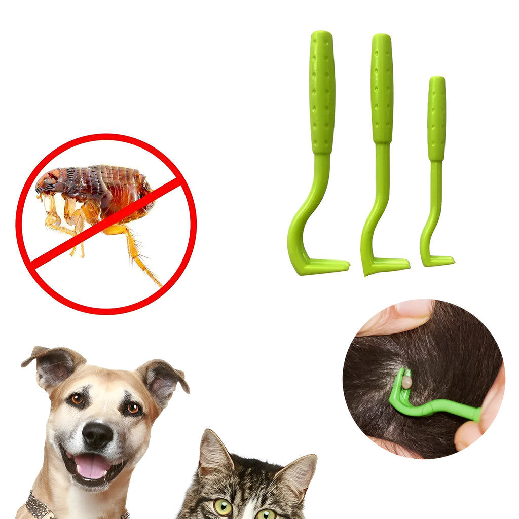 Three plastic tick removal clips in blue and green colours for pet grooming