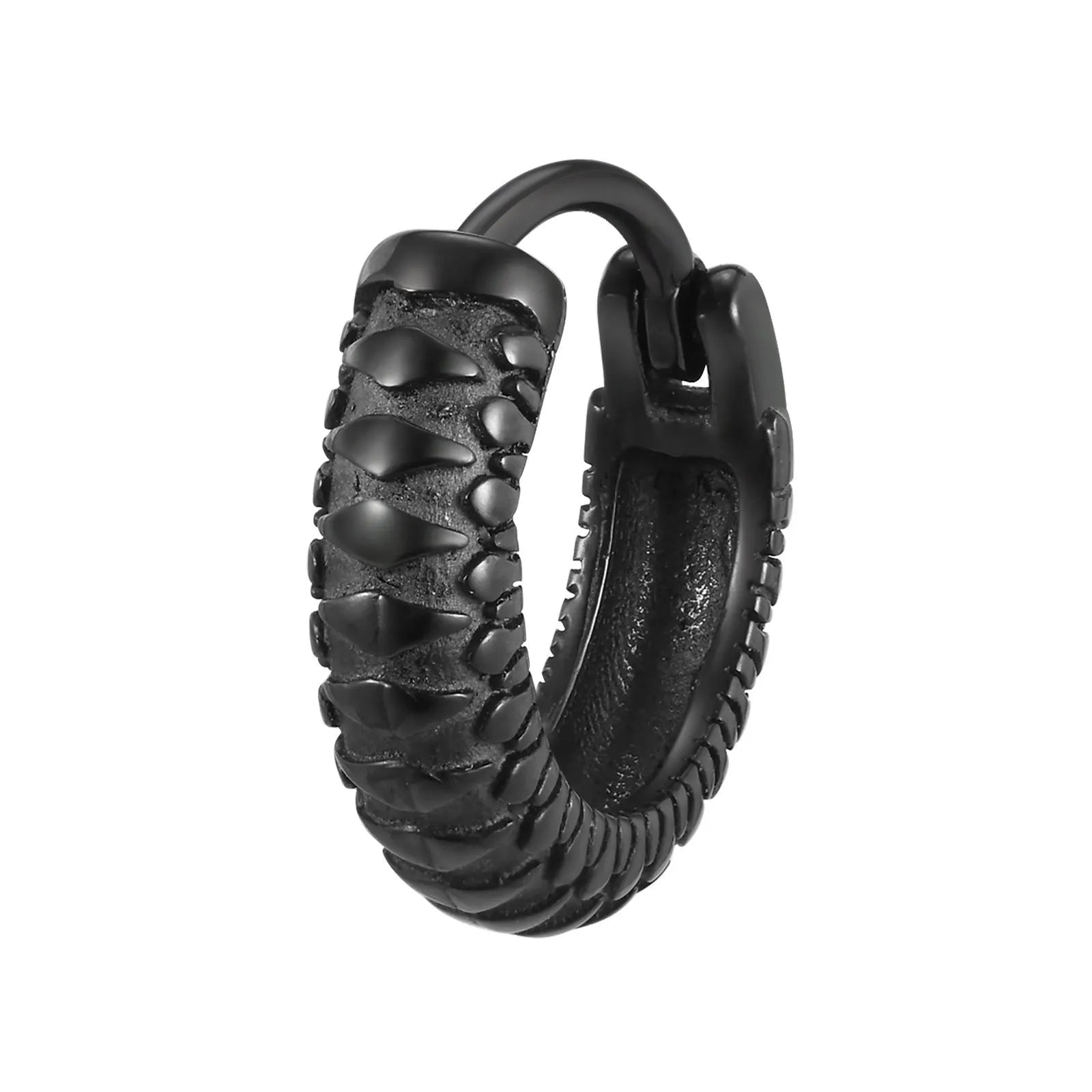 A pair of stainless steel earrings with a snake pattern design in a black finish.