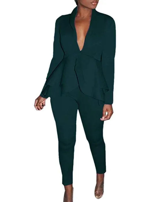 Women's ruffled air layer top and pencil pants business casual uniform set