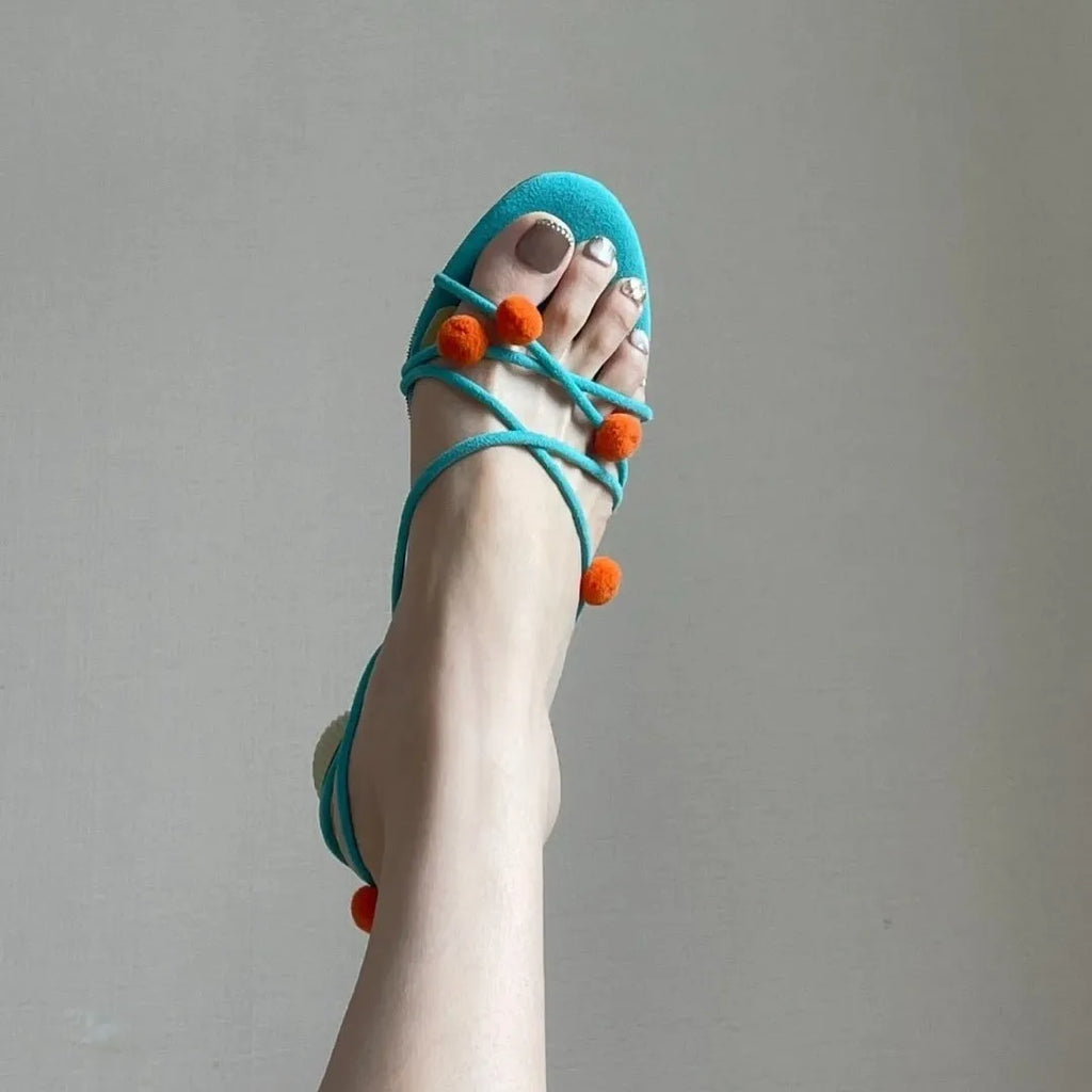Cyan leather lace-up high-heeled sandals with open toe and thin strap design