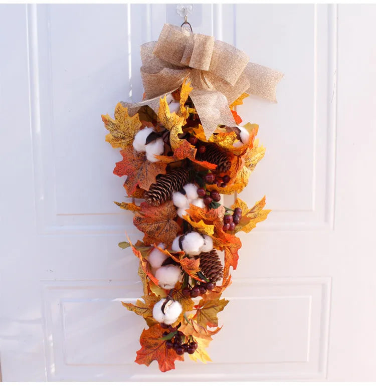 Autumn pumpkin wreath with fabric leaves, simulation pumpkins, berries, and pine cones on a vine ring, 50cm diameter