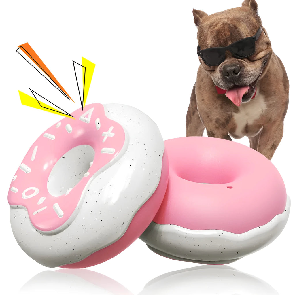 TPR donut-shaped dog toy with textured surface for molar cleaning, shown in pink colour with measurement scale