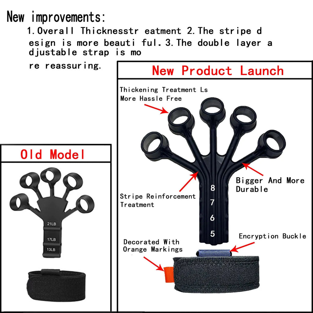 Silicone finger flexion and extension trainer with adjustable belts in black and grey colours