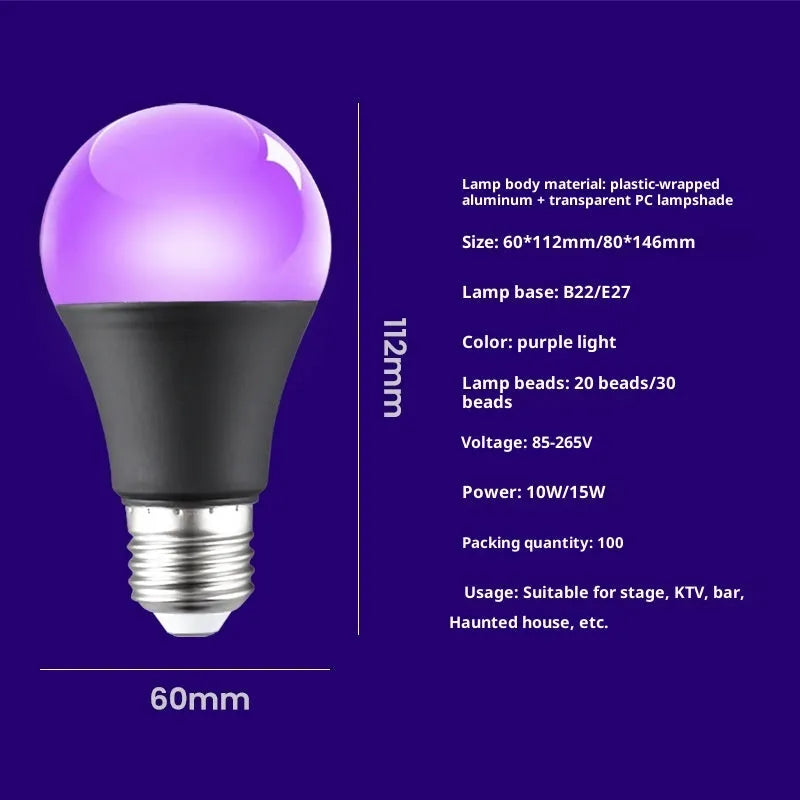 A19 purple LED light bulb with UV violet fluorescence, 12W super bright, IP44 rated