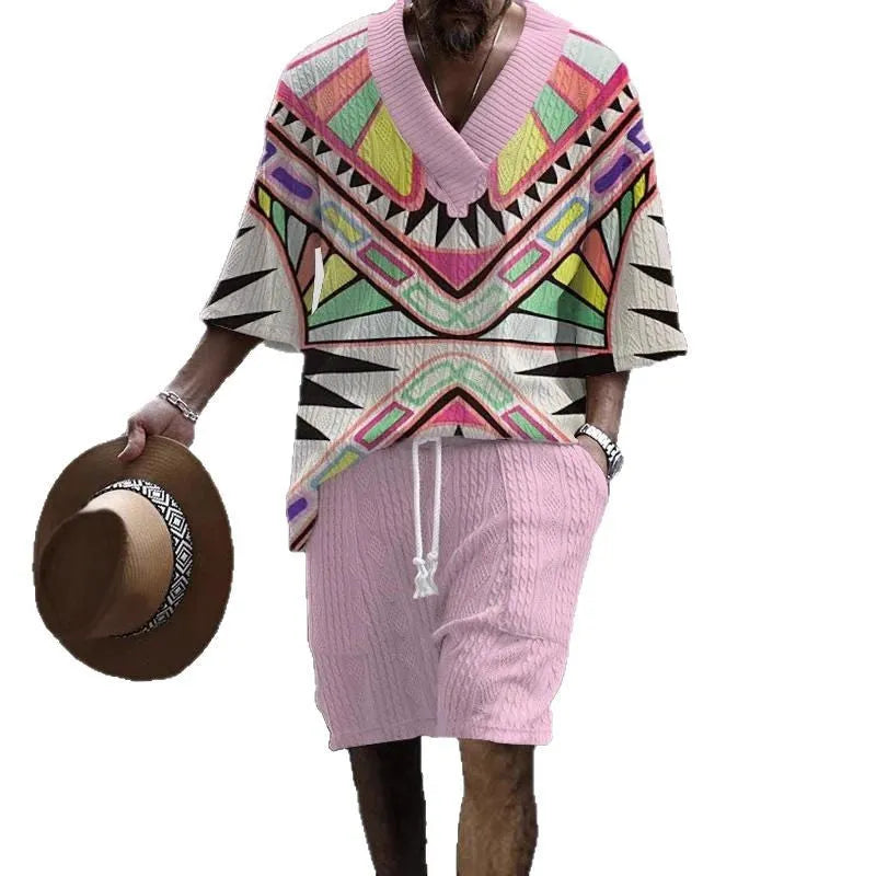 Man wearing a loose-fitting light blue short sleeve suit top and matching shorts, a casual two-piece set.