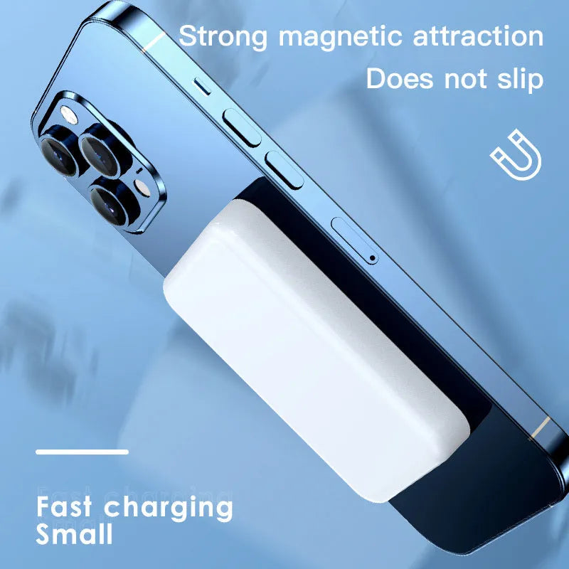 Wireless magnetic power bank with plastic shell in pink, purple or white showing 20000mAh capacity