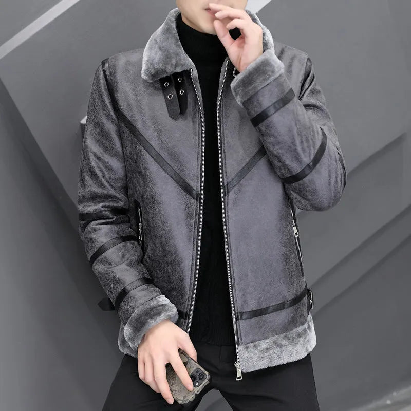 Men's faux leather coat with thick fur collar in grey, black or khaki, regular fit, sizes M to 3XL