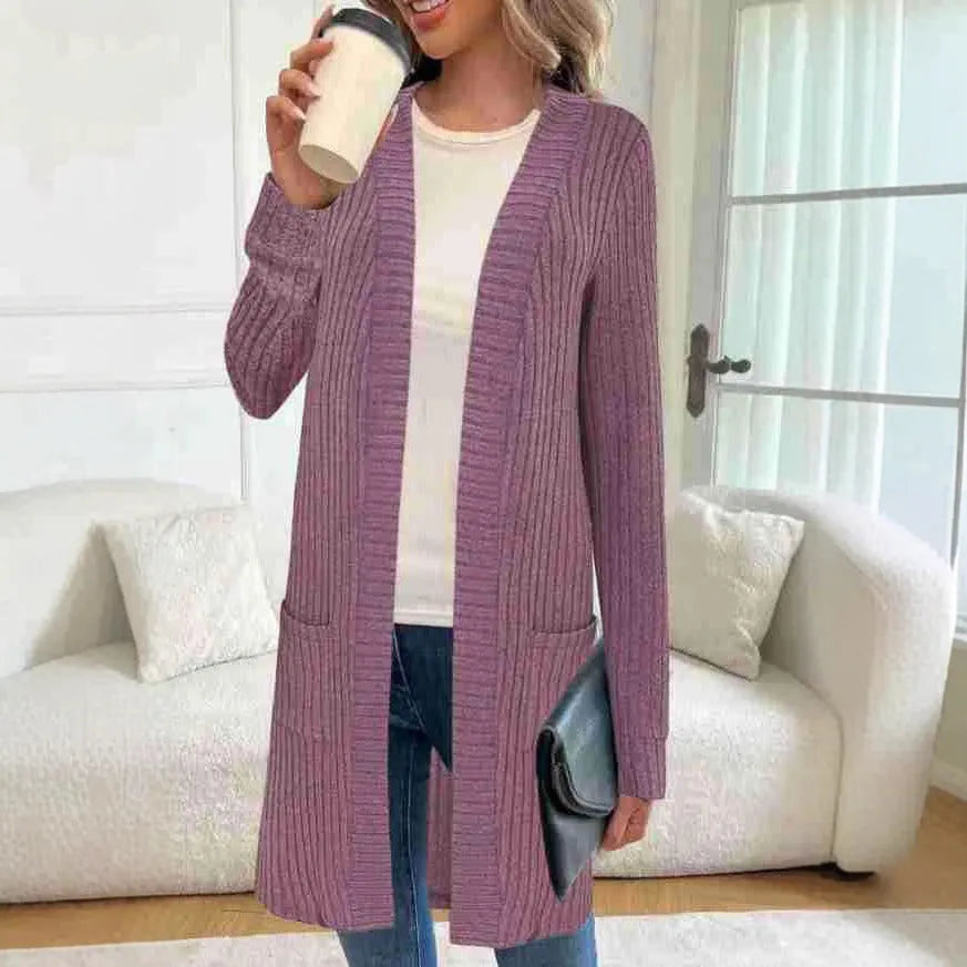 Long sleeve loose fit knitted cardigan jacket with pockets shown in black, grey, or wine red.