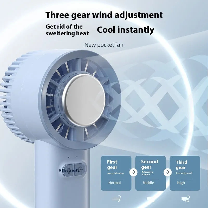 White handheld portable fan with turbo jet airflow and ice cooling function showing compact design