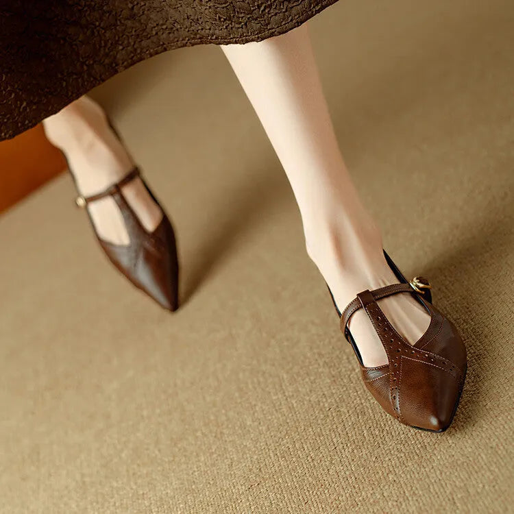 Women's brown pointed toe flat shoes with cowhide leather upper and soft bottom
