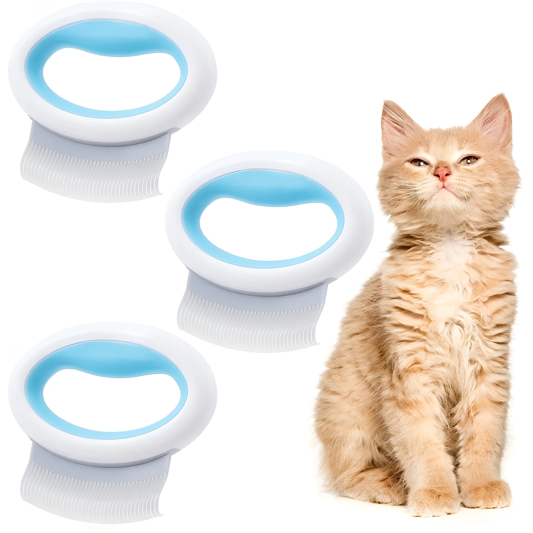 Blue pet grooming comb with soft teeth for deshedding cats and dogs on white background