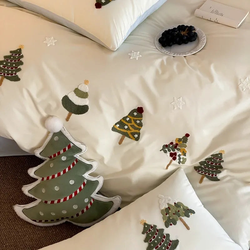 Christmas tree embroidered cotton four-piece bed sheet set with plants pattern in cream blue or green