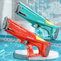 Red electric shark water gun with 500ml tank and 44cm barrel, shown with battery and USB cable