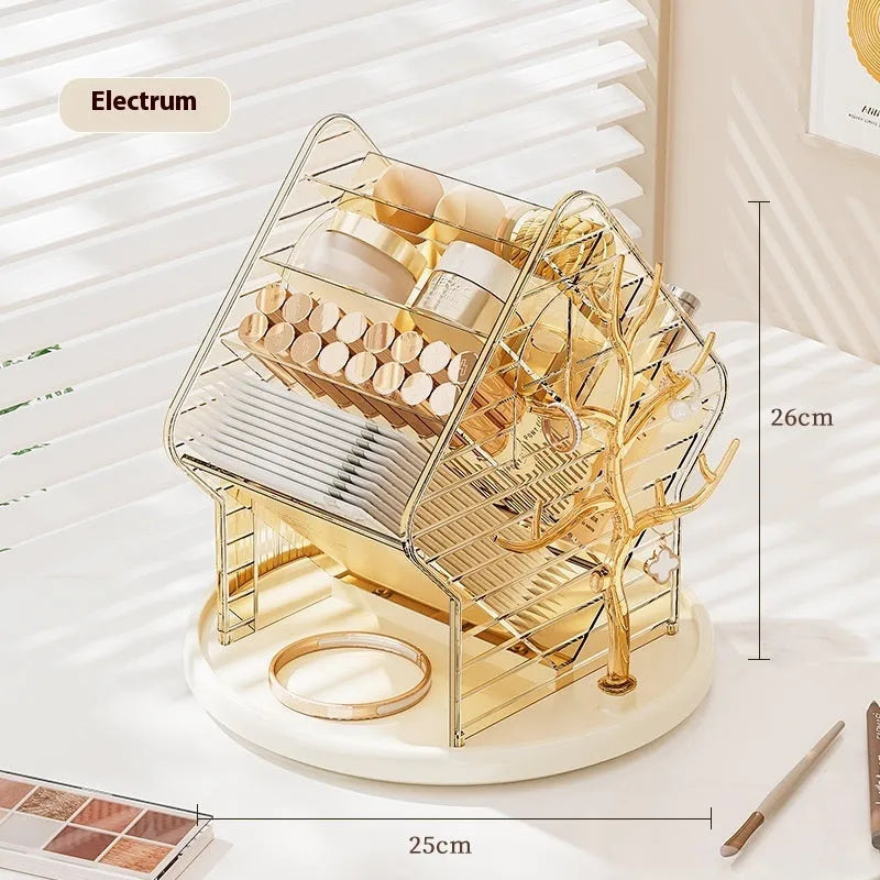360 degree rotating cosmetics storage box in clear or amber gold plastic