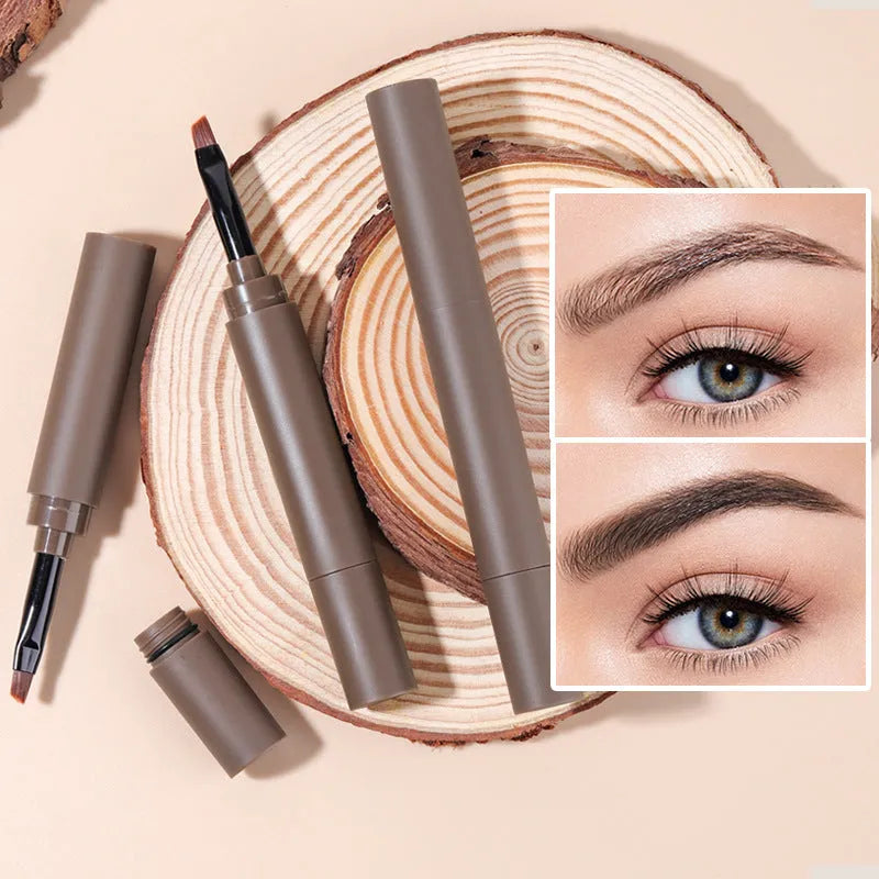 Double-headed eyebrow cream cosmetic product showing pencil and powder ends with five brown shade options