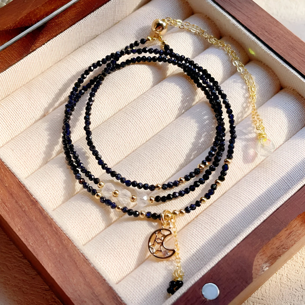 Women's blue gold sand stone three-ring multi-layer bracelet with manual craft details