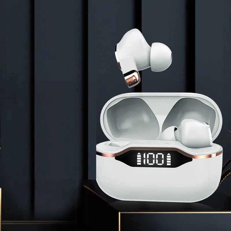 T28 TWS earphones with LED display and IPX5 waterproof rating in black, shown with charging case