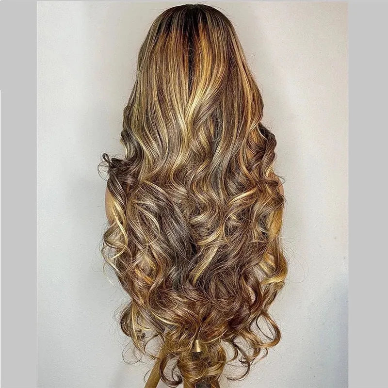 Front lace synthetic wig with long curly hair and gradient colour hairline in black to piano colour