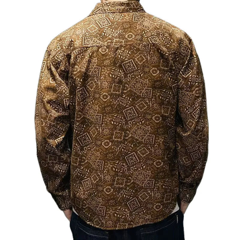Men's long sleeve lapel casual shirt in navy blue or brown polyester with stripe or plaid pattern