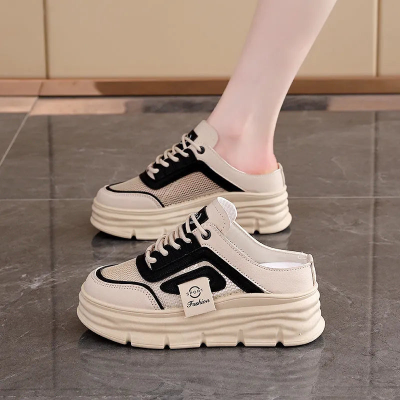 Women's mesh half slippers with height increasing insole in black, khaki, and white colour options
