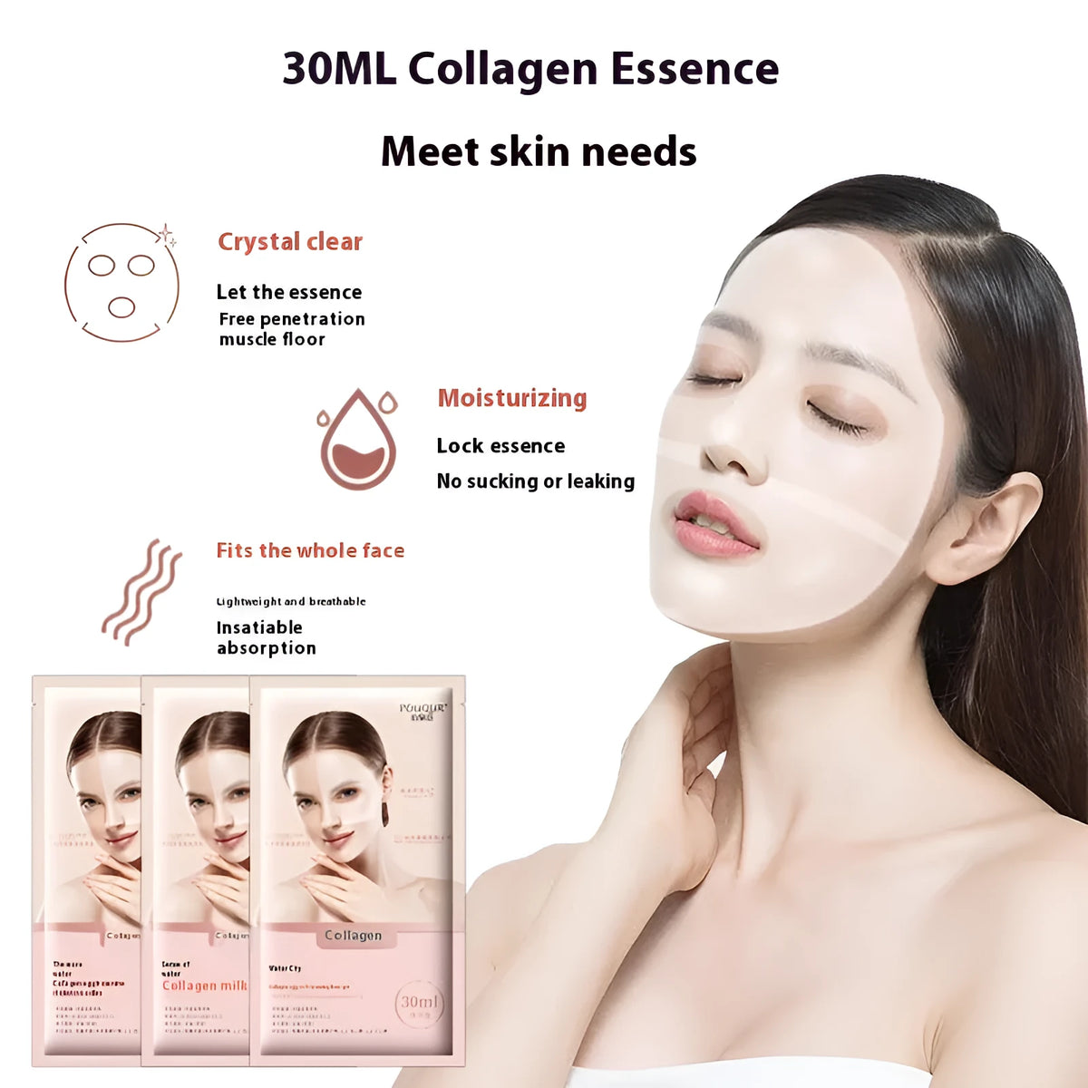 Collagen lotion mask box with water-sensitive facial sheet masks for ladies, suitable for neutral oily dry mixed skin 30ml each