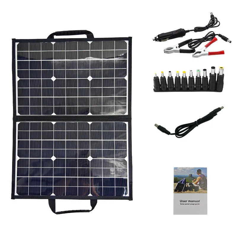 Black folding bag containing 40W single crystal solar panel for outdoor charging