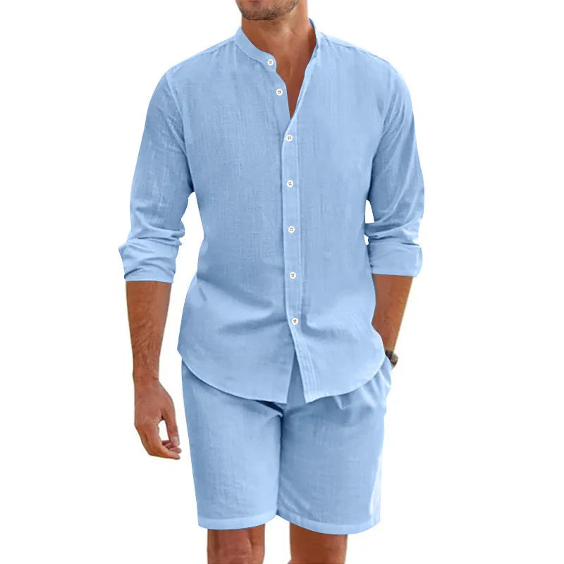 Men's hemp linen beach shirt suit set with button down top and drawstring shorts in five colour options