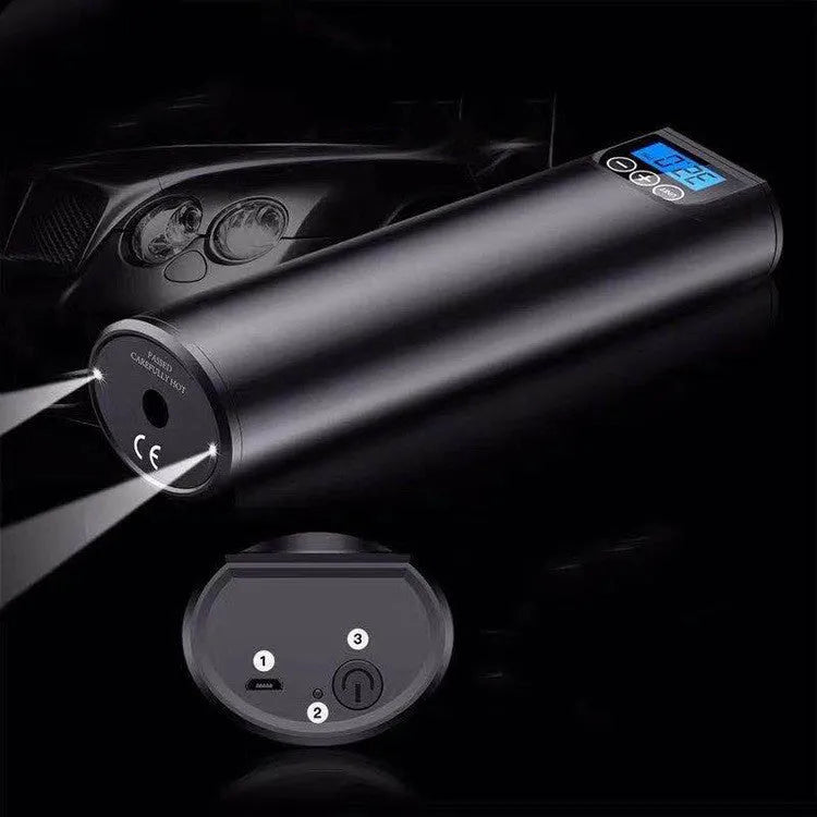 Mini portable wireless car air pump with digital display and flashlight for tyre inflation