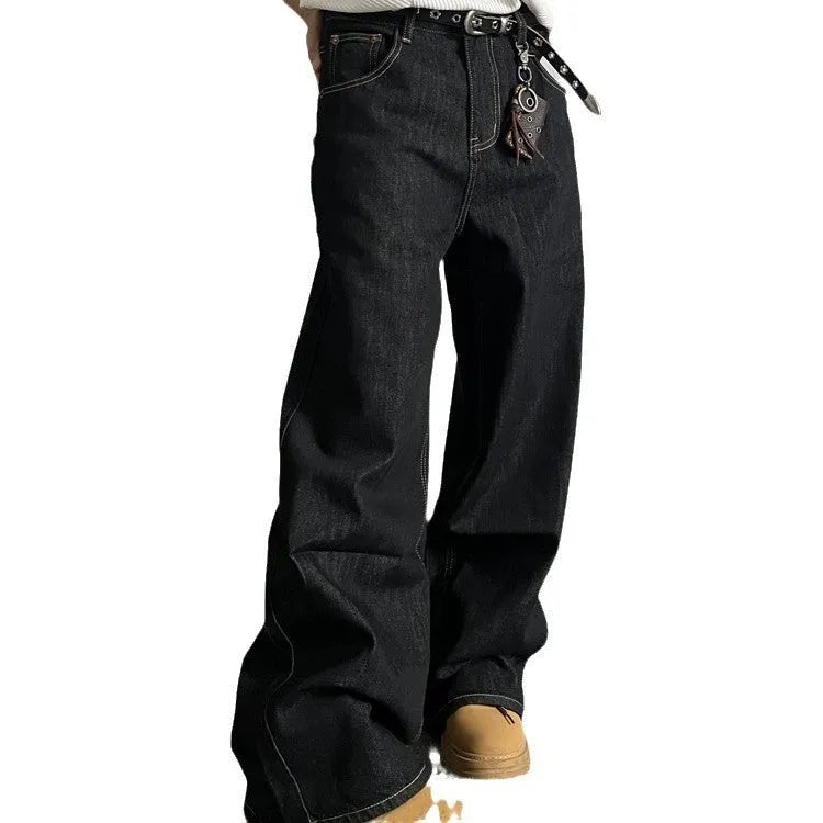 Black retro-style loose wide-leg straight-leg jeans with mid-waist design and zip placket closure