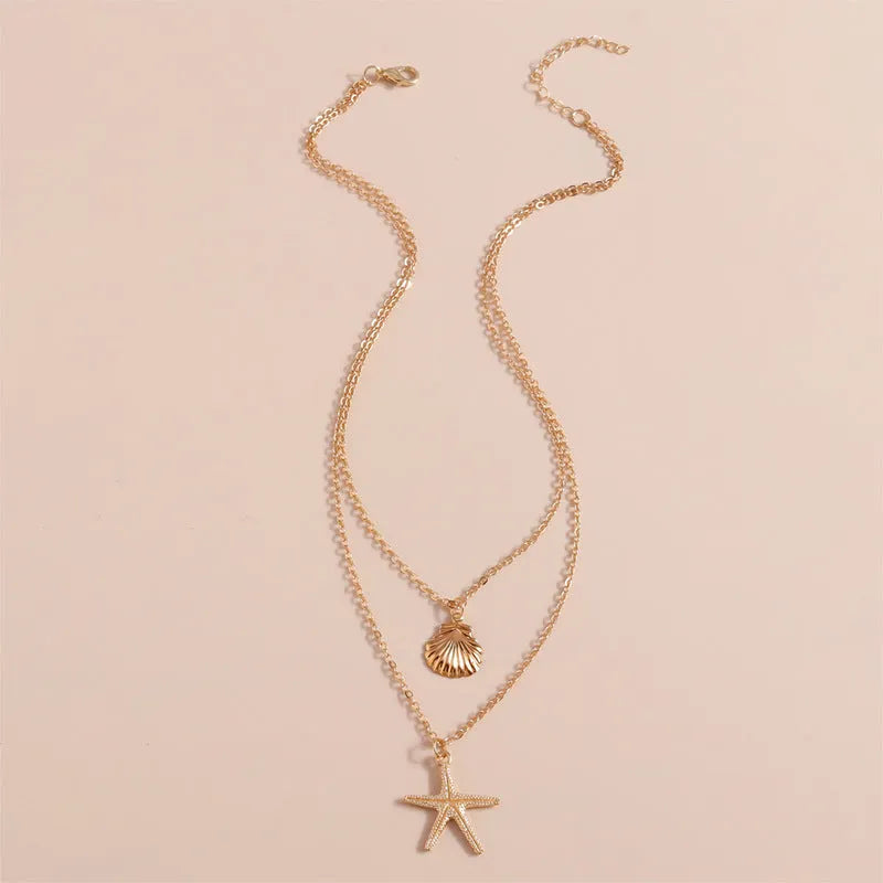 Double-layer gold necklace with shell pendant on alloy chain, fashion OL style for women