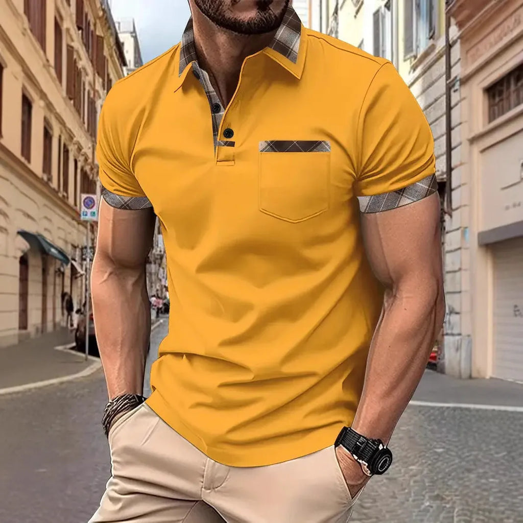 Men's plaid colourblock t-shirt with zipper decorations on short sleeves