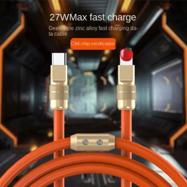 Zinc alloy silicone data cable in black, blue, orange, white, and red with PD27W and 120W options